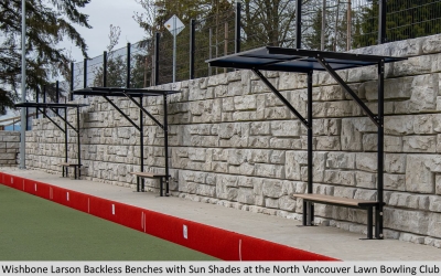 Wishbone Larson Backless Bench with Sun Shade at the North Vancouver Lawn Bowling Club
